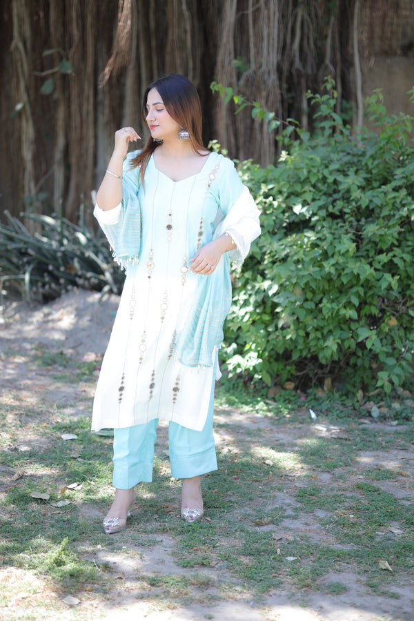 Chic Aqua & White Mirror Work Kurta Set | Everyday Ethnic Wear
