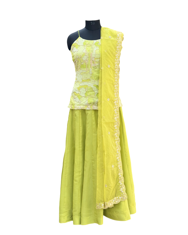 Chic Lime Green Organza Silk Skirt Suit Set with Flowy Cosmos Silk Skirt