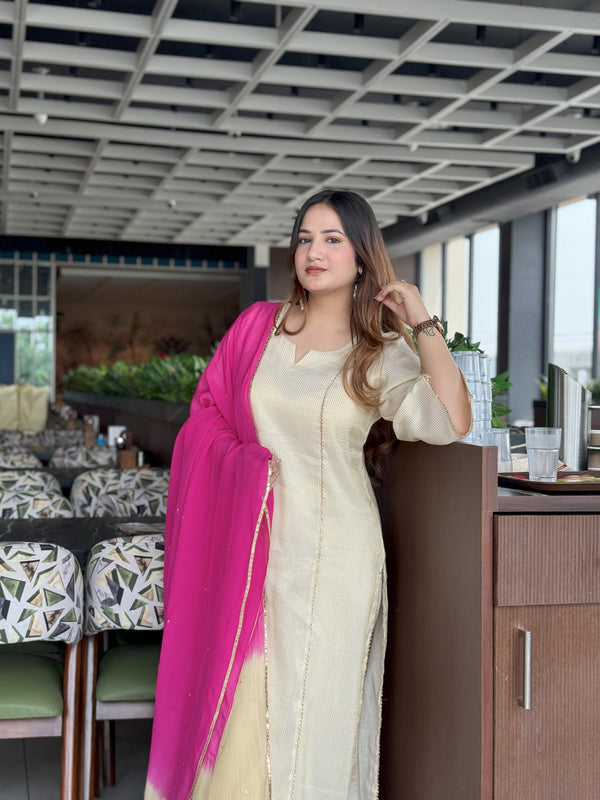 Elegant Ivory & Pink Kurta Set with Ombre Dupatta | Festive Ready