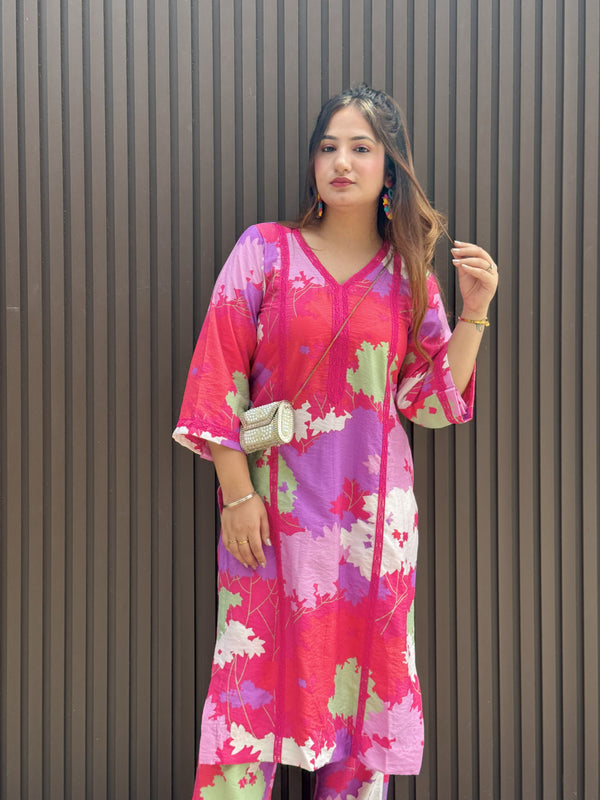 Breathable Printed Cotton Co-ord Set | All-Day Comfort with Delicate Lace