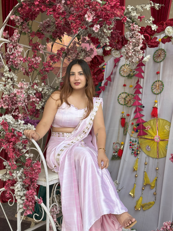 Glamorous Pink Readymade Saree with Mirror Work & Stitched Blouse