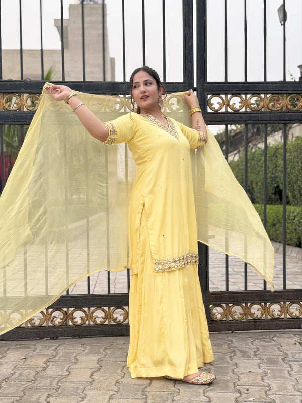 Radiant Lemon Yellow Crepe Kali Plazzo Suit Set with Hand Embroidery