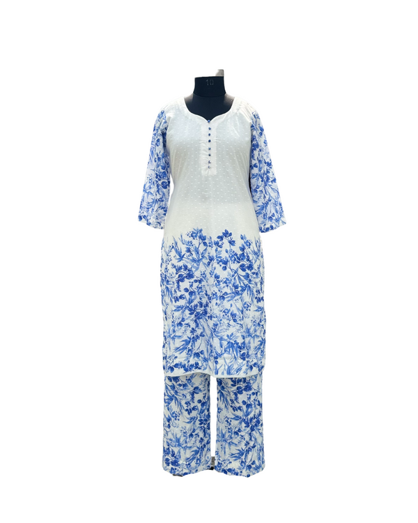 Casual Chic White & Blue Printed Kurta & Pants Set | Summer Ready