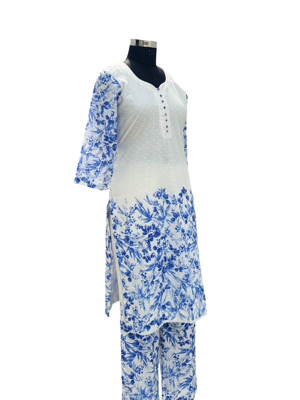 Cotton White and Blue Floral Kurta Palazzo Suit Set